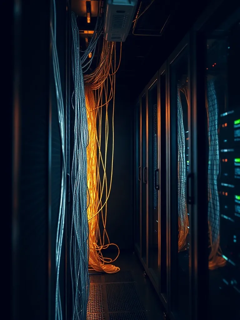 A high-tech dark server room with glowing gold and white fib
