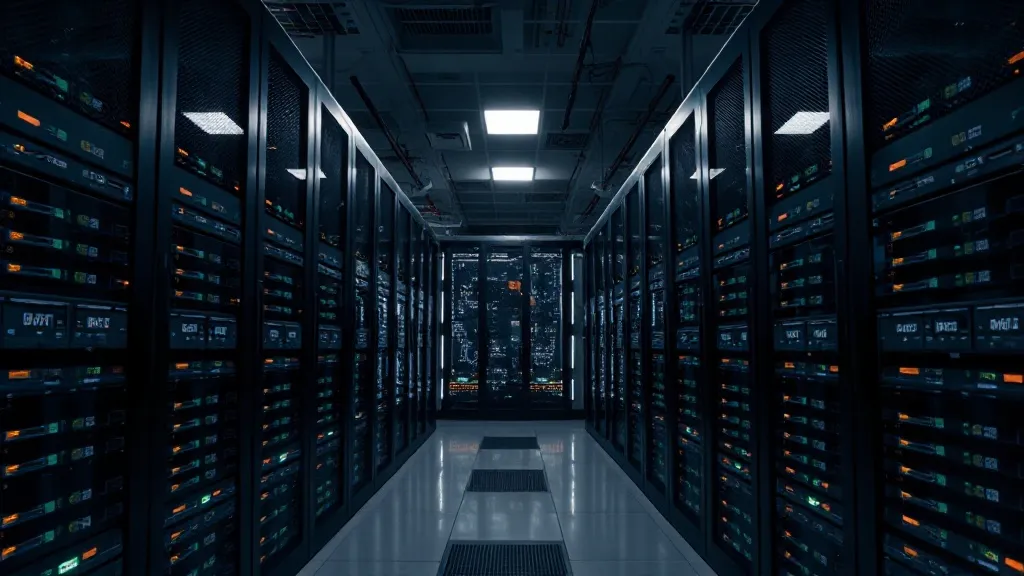 Monochrome photograph of a server room with glowing indicato