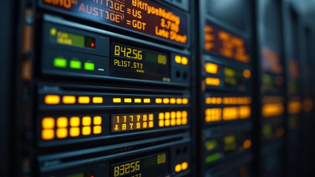 Close up of a high-tech server rack with glowing golden stat