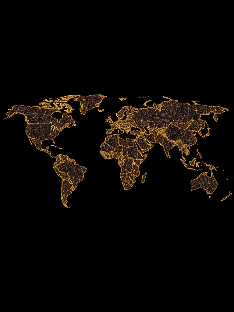Abstract map of the world made of golden lines and nodes on